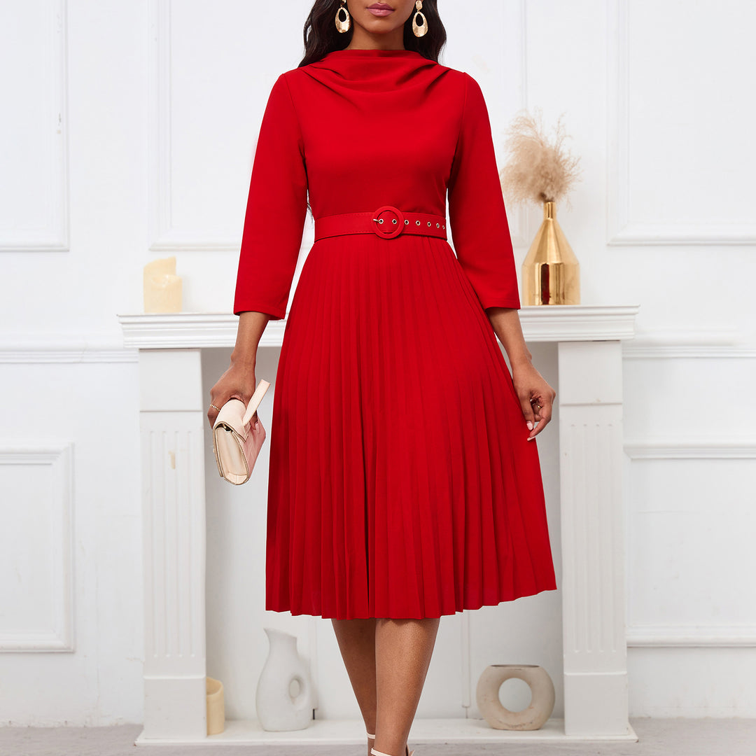 Damen Midikleid mit elegantem Plisseedesign und tailliertem Gürtel Drune