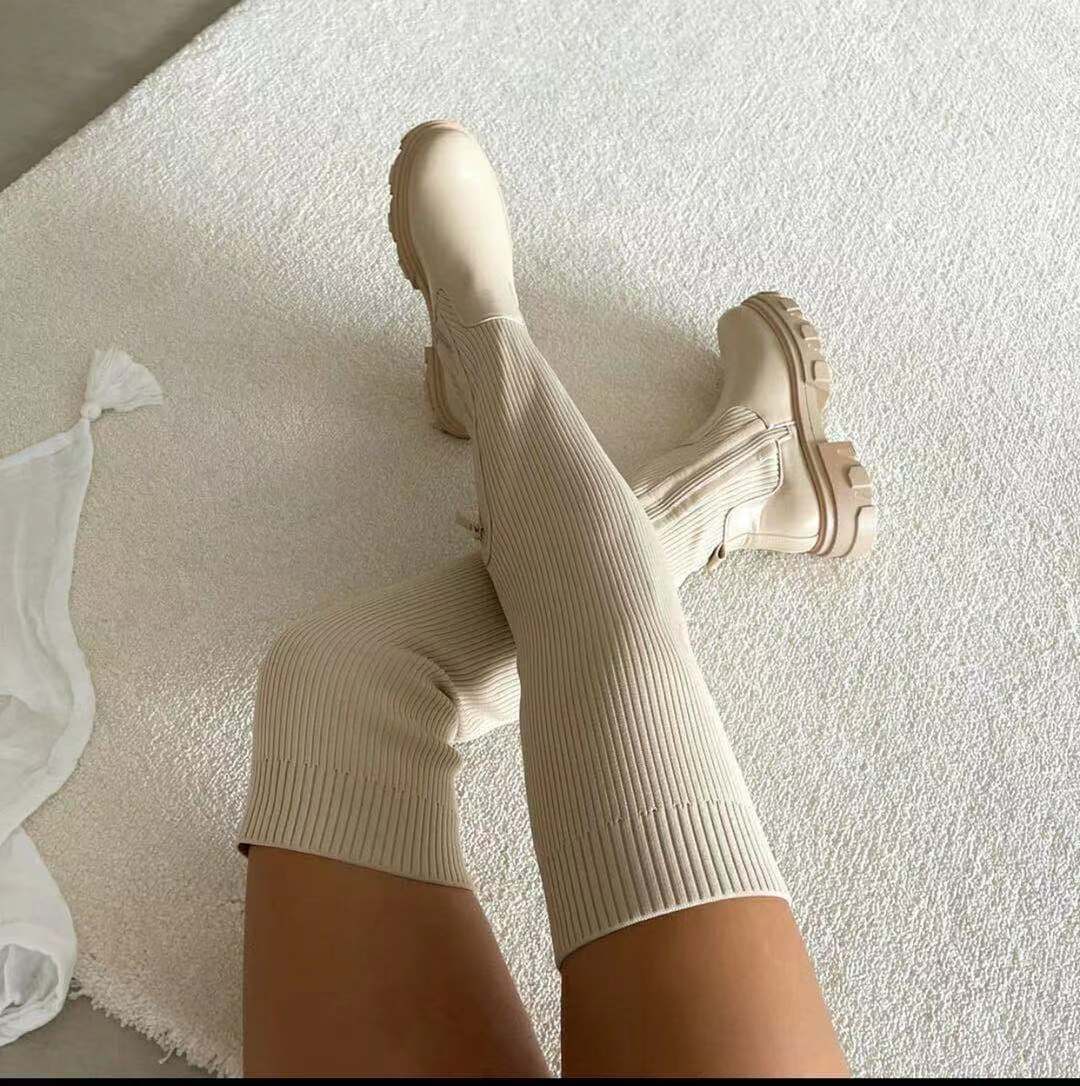 Damen nan überknielange Stiefel mit elastischem Strickschaft, seitlichem Reißverschluss und robuster Profilsohle Drune