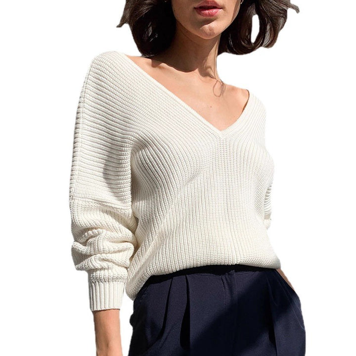 Damen eleganter V-Ausschnitt Pullover mit feiner Rippenstruktur und überschnittenen Schultern Drune