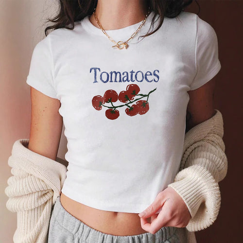 Damen Crop-T-Shirt mit kreativem Tomatenmotiv Drune