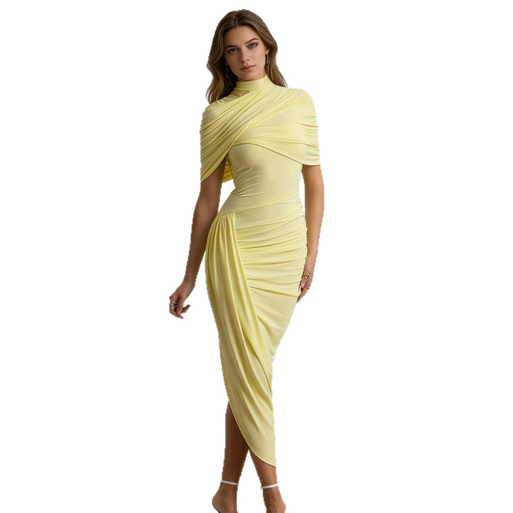 Damen Elegantes Drapiertes Maxikleid mit hohem Kragen und seitlichem Schlitz Drune