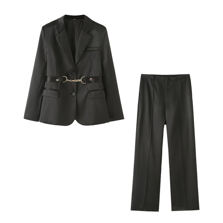Damen elegantes Satin-Blazer-Set mit Kettenakzent Drune
