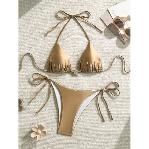 Damen Triangel-Bikini mit glänzender Textur und verstellbaren Bindebändern Drune