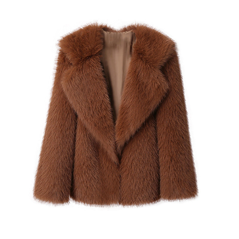 Damen Elegante Kunstpelzjacke mit großem Kragen Drune