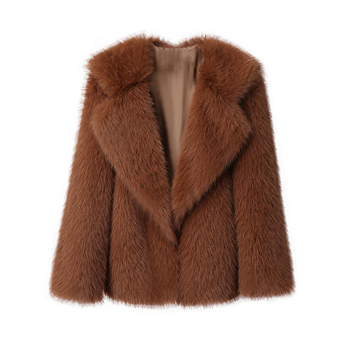 Damen Elegante Kunstpelzjacke mit großem Kragen Drune
