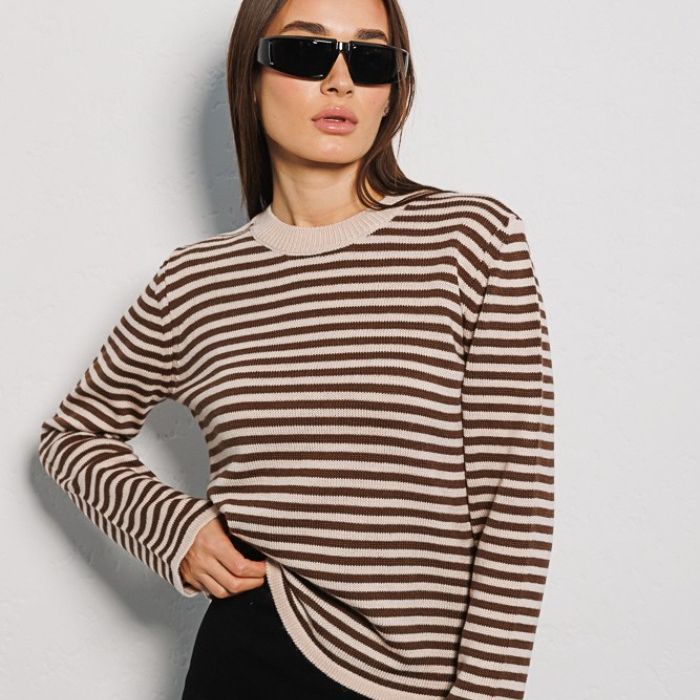 Damen Tragbarer Langarmpullover aus weichem Baumwollmix mit Streifenmuster Drune
