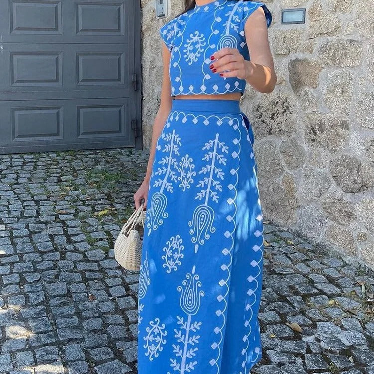 Damen Zweiteiliges Set mit floraler Stickerei und bequemer Bundlösung Drune