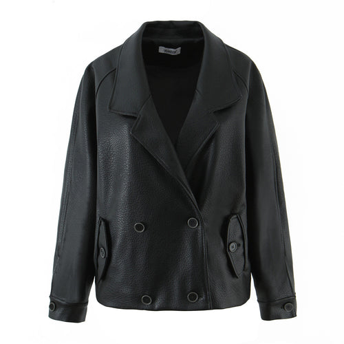 Damen modische Kunstlederjacke mit doppelter Knopfleiste und breitem Revers Drune