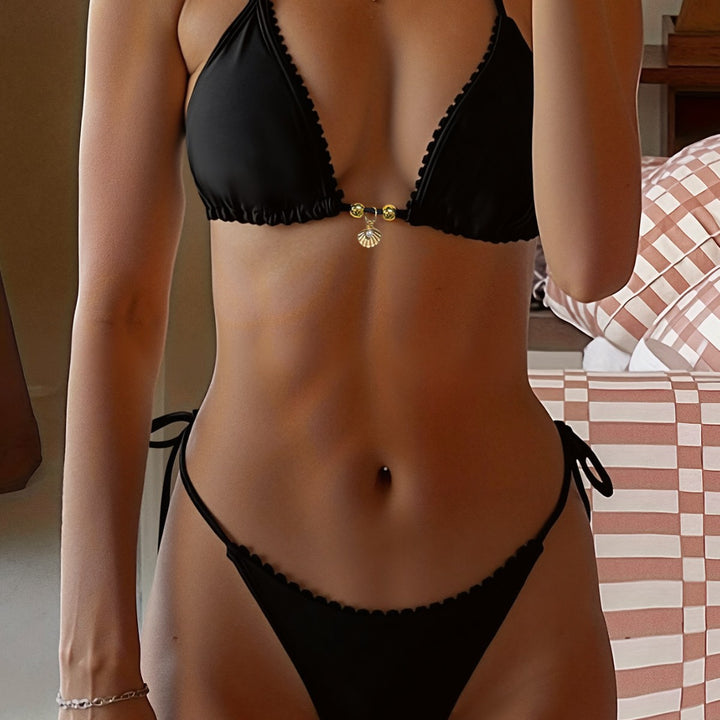 Damen Triangel-Bikini-Set mit luxuriösen Rüschendetails und dekorativem Bindeband Drune