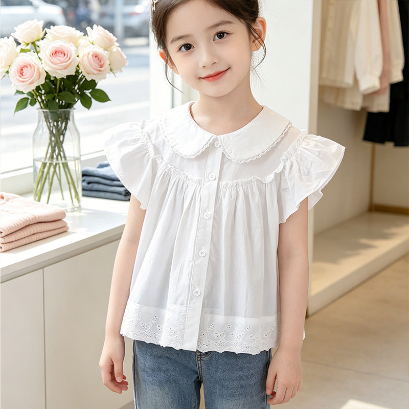 Mädchen elegante Bluse mit Spitzenkragen und Rüschendetails Drune