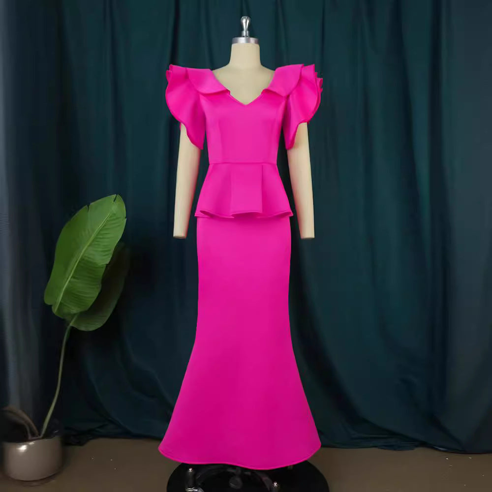 Damen elegantes Peplum-Abendkleid mit voluminösen Ärmeln Drune