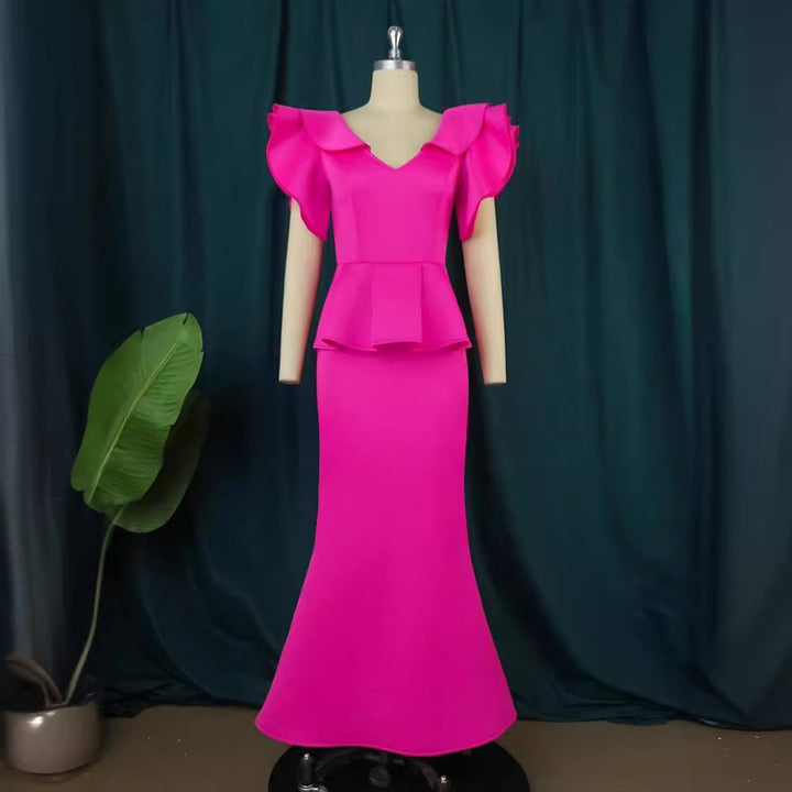Damen elegantes Peplum-Abendkleid mit voluminösen Ärmeln Drune
