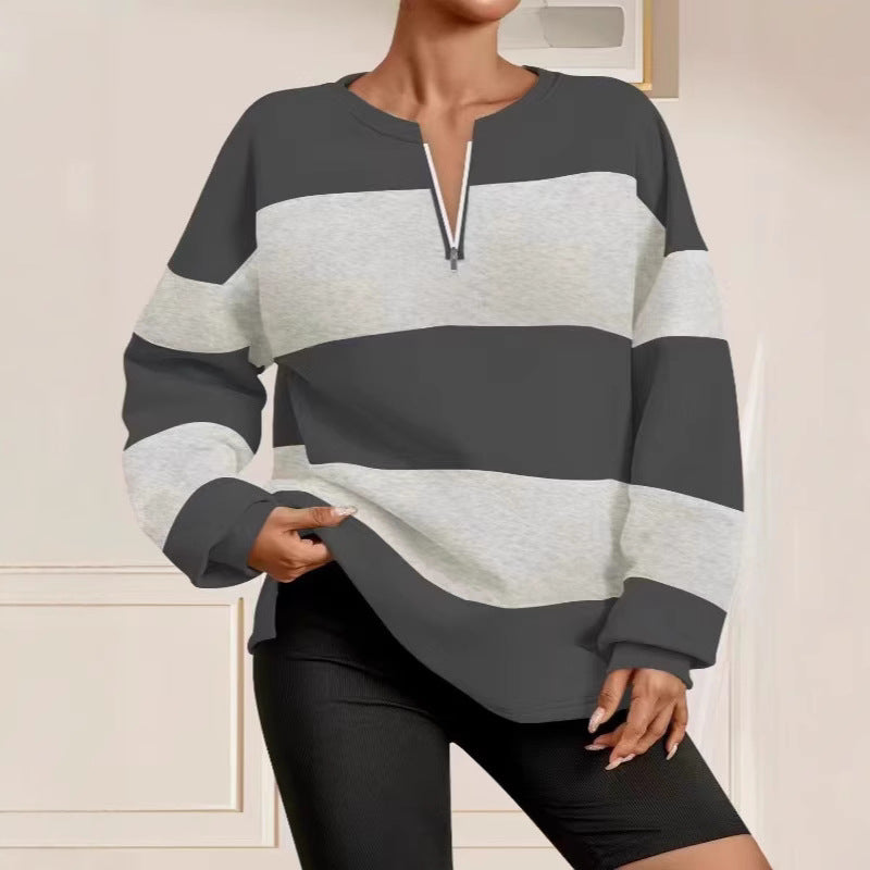 Damen modischer Sweatpullover mit Reißverschluss und gestreiftem Design Drune