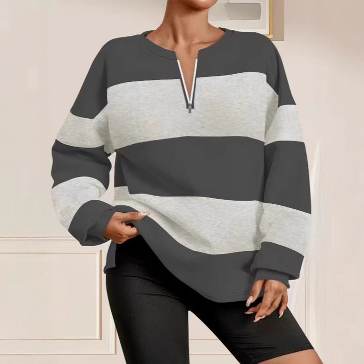 Damen modischer Sweatpullover mit Reißverschluss und gestreiftem Design Drune