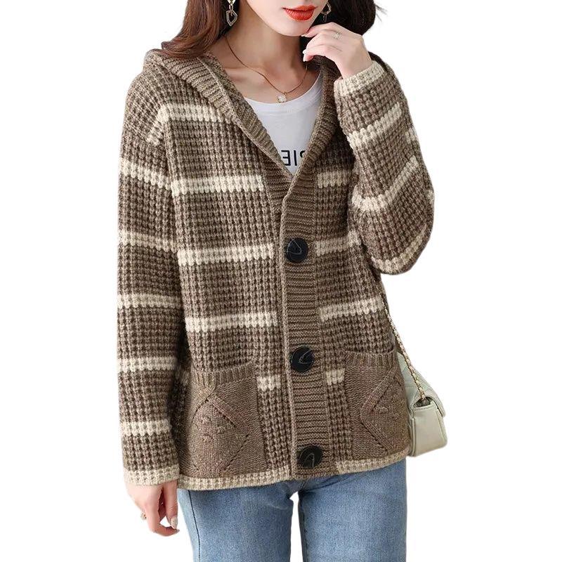 Damen gestreifte Strickjacke mit Kapuze und großen Taschen Drune