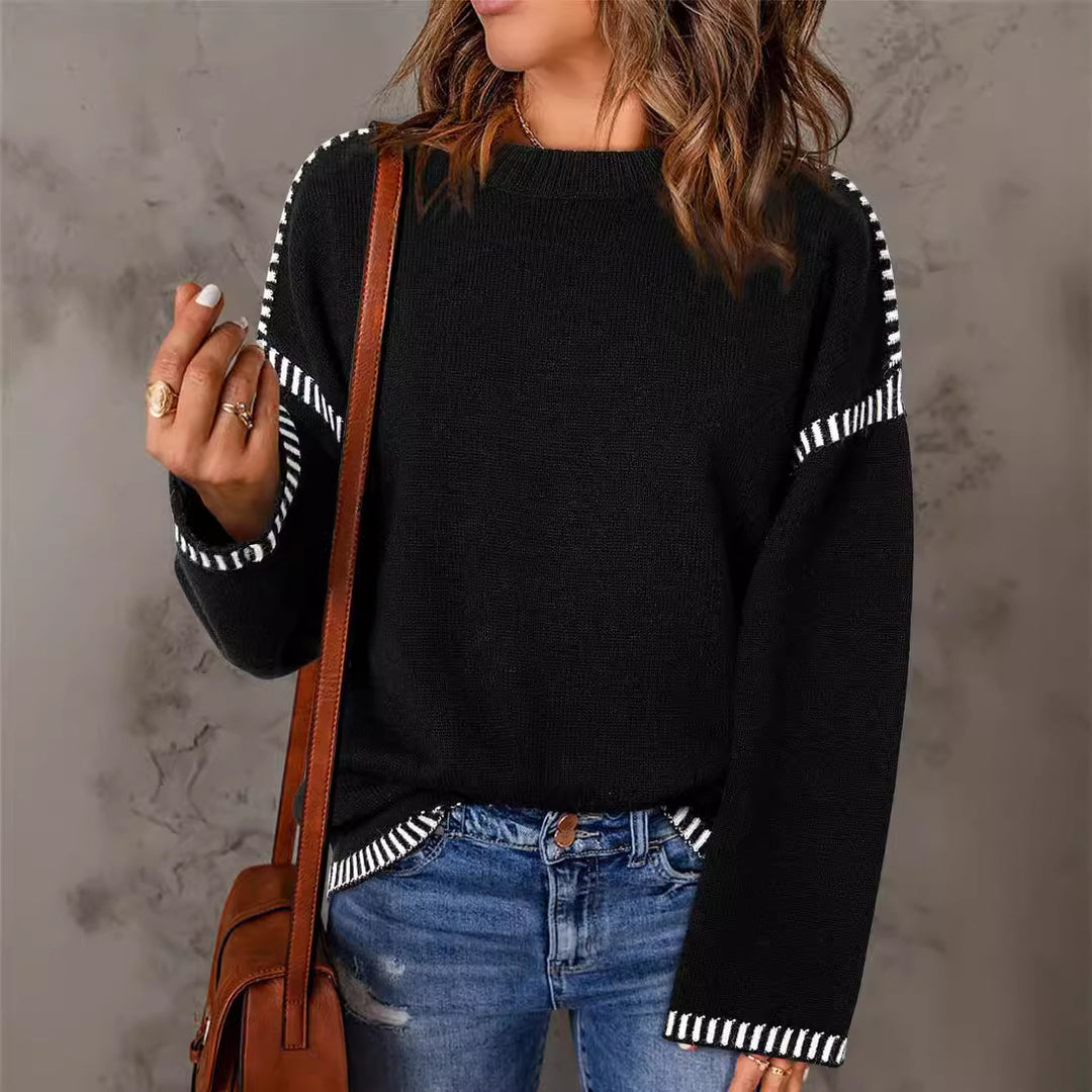Damen lässiger Strickpullover mit kontrastierenden Bündchen und lässigem Schnitt Drune