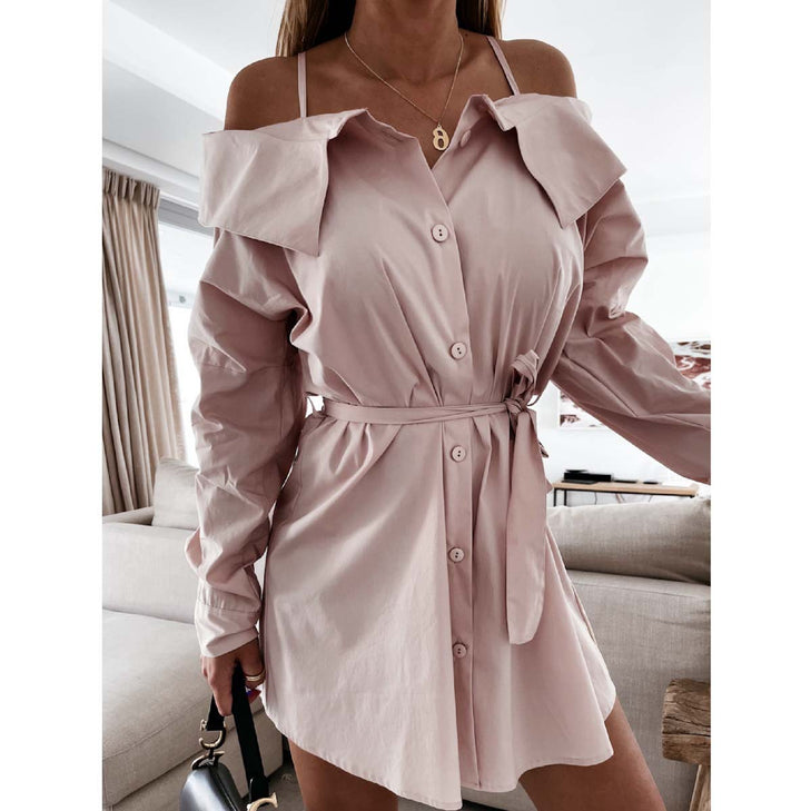Damen Hemdblusenkleid im eleganten Off-Shoulder-Stil mit taillierbarem Gürtel Drune