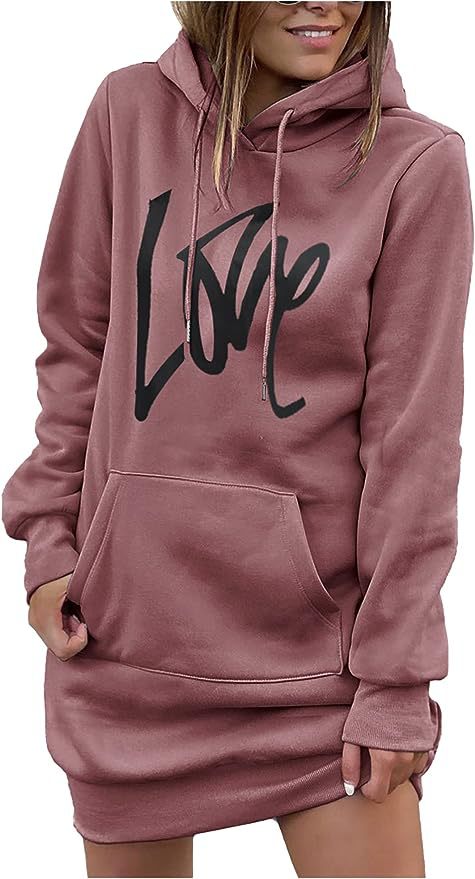 Damen Hoodie-Kleid mit Kängurutasche und auffälligem Schriftzug Drune