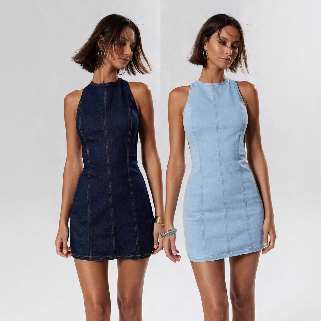 Damen figurbetontes Denim-Kleid mit Seitenschlitzen und hohem Kragen Drune