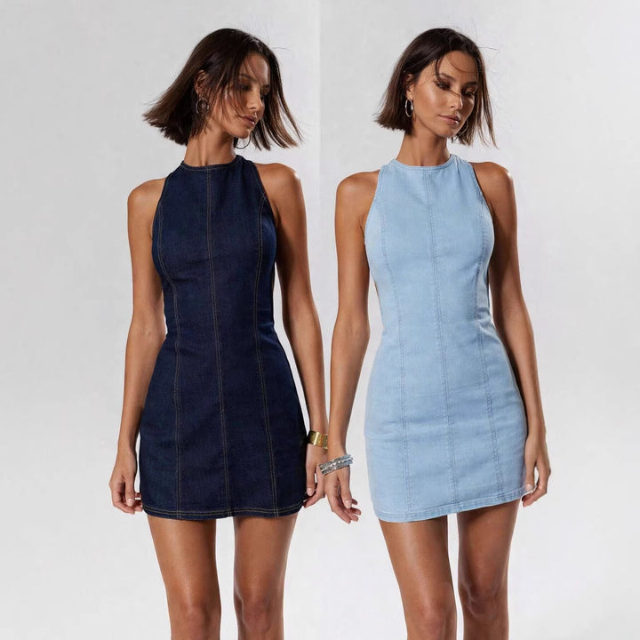 Damen figurbetontes Denim-Kleid mit Seitenschlitzen und hohem Kragen Drune