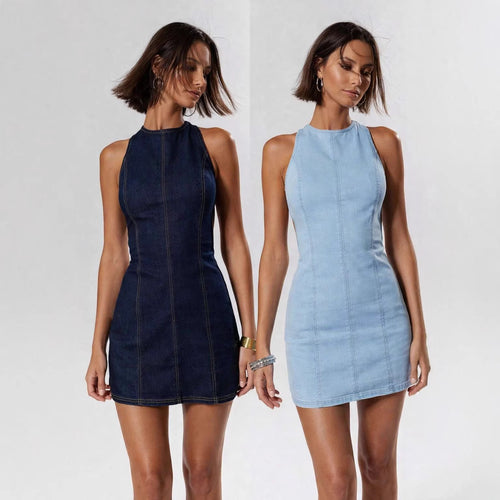 Damen figurbetontes Denim-Kleid mit Seitenschlitzen und hohem Kragen Drune
