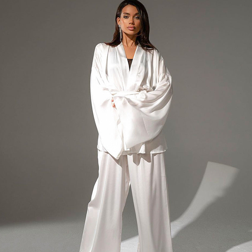 Damen satinierter Kimono-Style Morgenmantel und Hose Set Drune