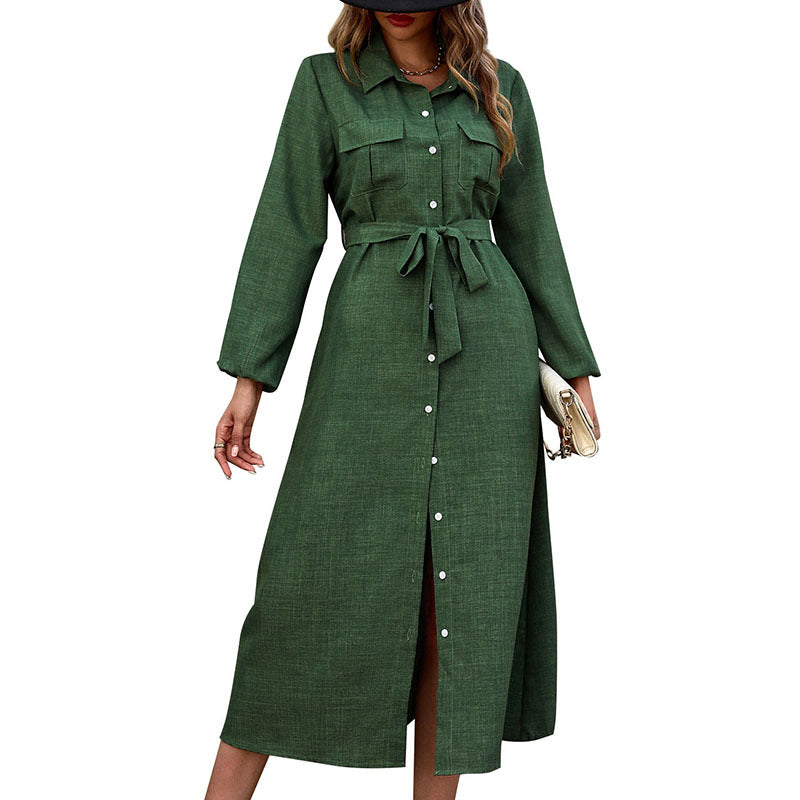 Damen Langarm Hemdblusenkleid mit taillierbarem Bindegürtel und schickem Schlitz Drune