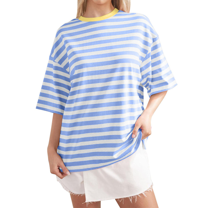 Damen Oversized gestreiftes T-Shirt mit Rundhalsausschnitt und kurzen Ärmeln Drune