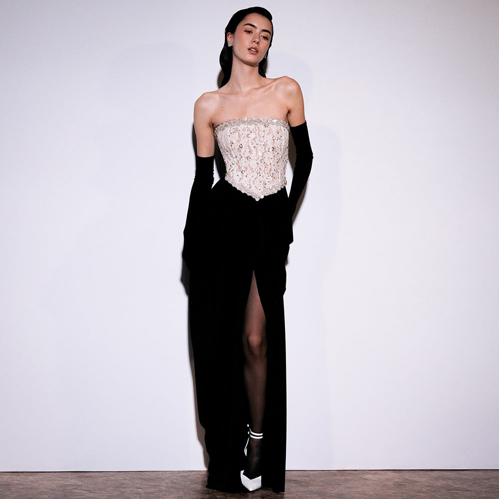 Damen elegantes Abendkleid mit schimmerndem Spitzenoberteil und Drapierungsdetails Drune