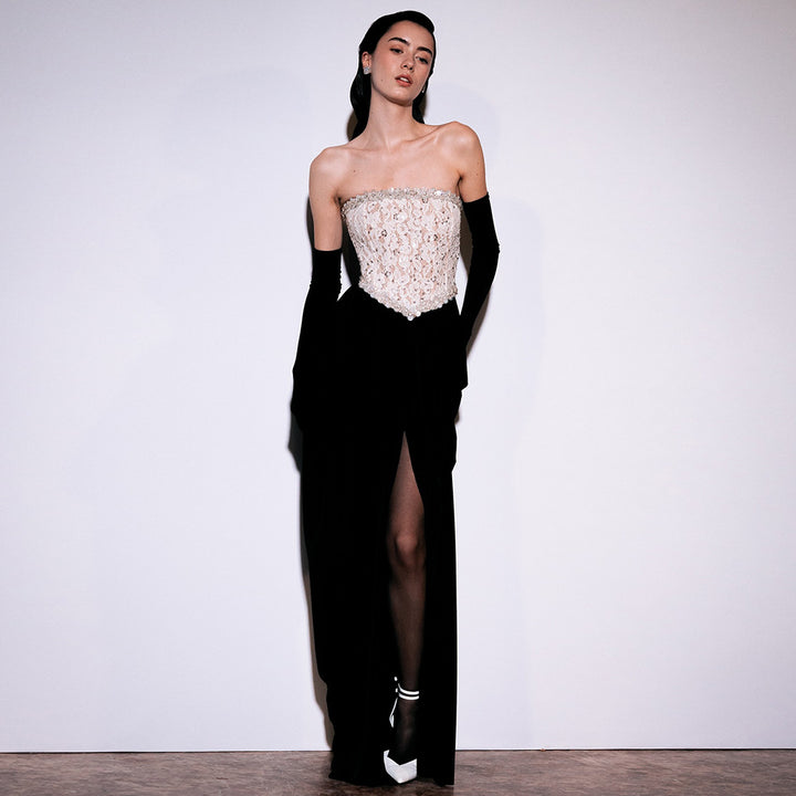 Damen elegantes Abendkleid mit schimmerndem Spitzenoberteil und Drapierungsdetails Drune