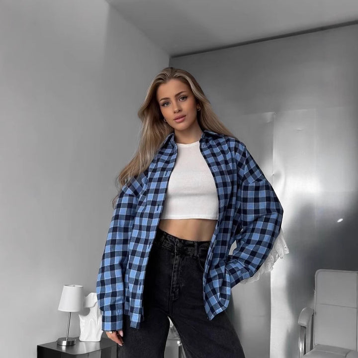 Damen Oversize Karoshirt mit romantischem Spitzenbesatz Drune