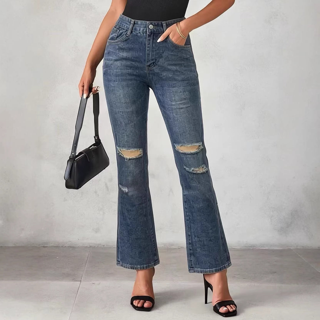 Damen nan High‑Waist Schlagjeans mit Distressed-Kniepartie und strukturierter Denim-Optik Drune