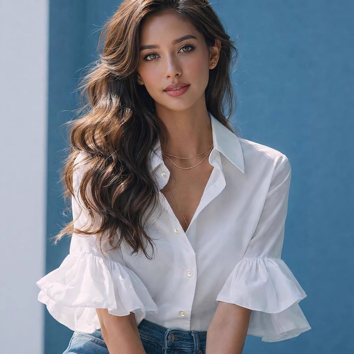 Damen Elegante Bluse mit Rüschendetails und hochwertigem Baumwollstoff Drune