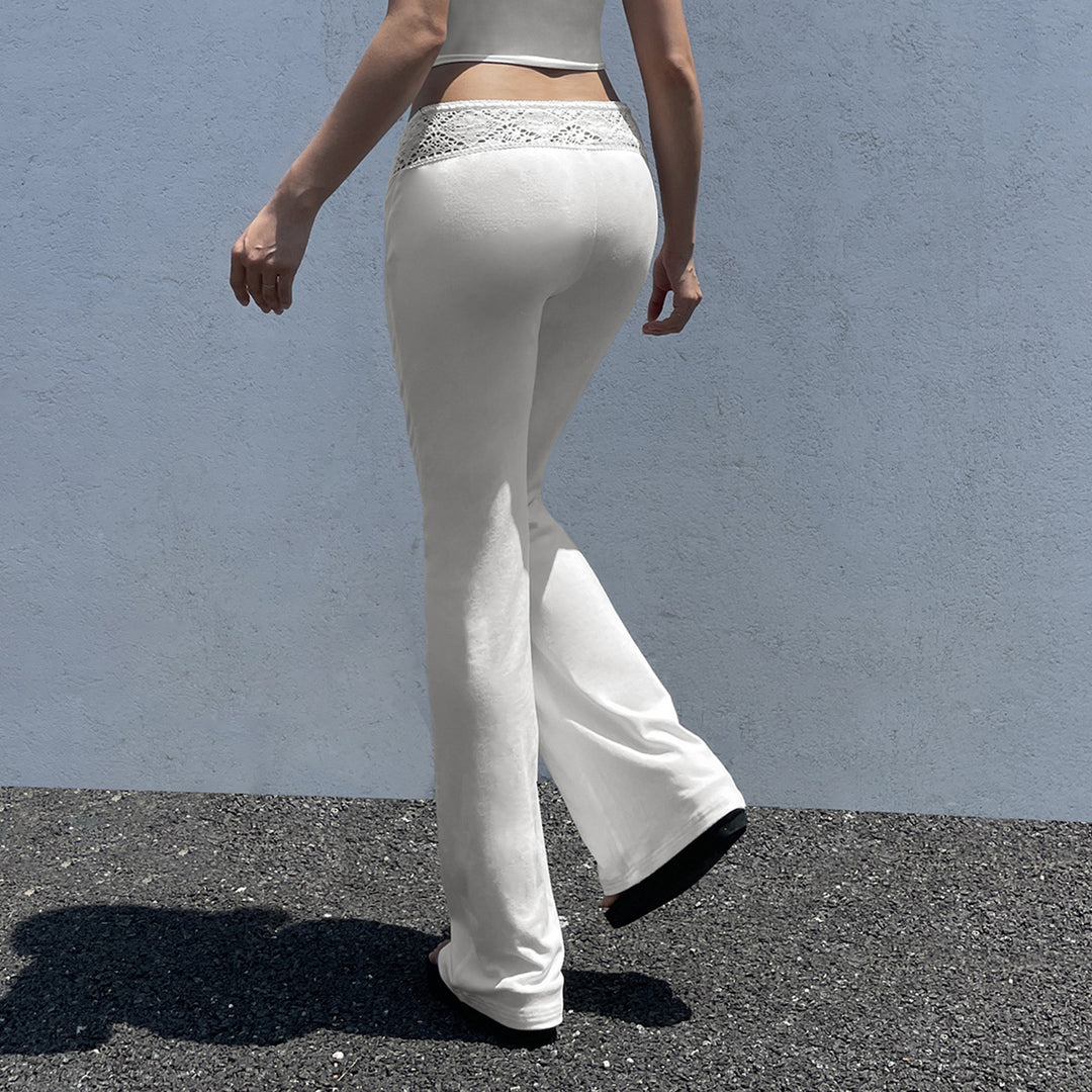Damen lässige Flared-Loungehose mit verstellbarem Bund und Spitzenakzenten Drune