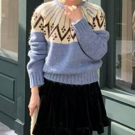 Damen Gemütlicher Strickpullover mit geometrischem Print und Rundhalsausschnitt Drune