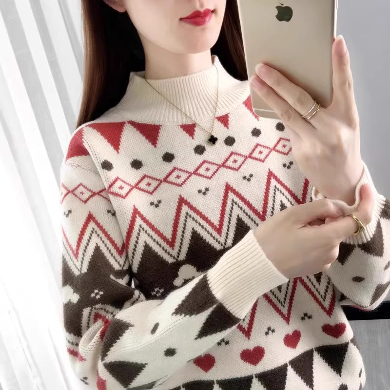 Damen festlicher Strickpullover im modernen Weihnachtsdesign mit geometrischem Muster und komfortablem Rundhalsausschnitt Drune
