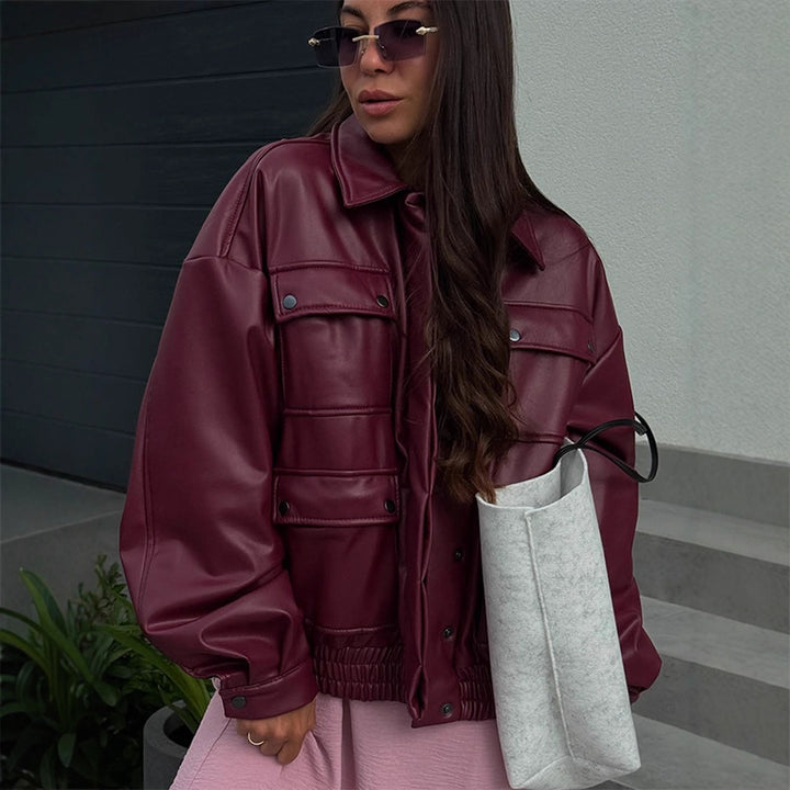 Damen oversized Kunstlederjacke mit funktionalen Taschen und elastischem Bund Drune