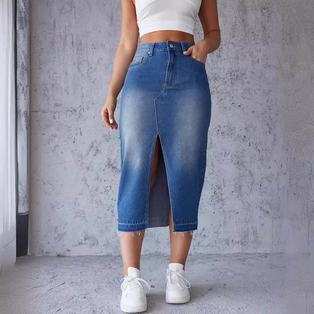 Damen Denim-Midirock mit hohem Schlitz und tailliertem Schnitt Drune