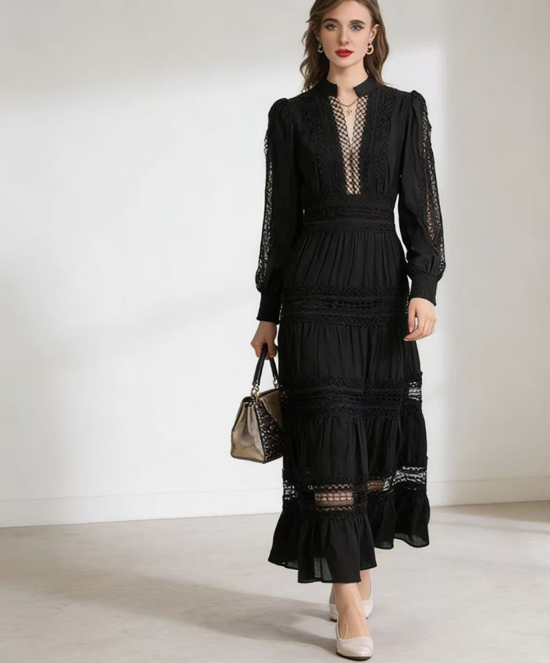 Damen romantisches Maxikleid mit transparenten Einsätzen und Rüschendetails Drune