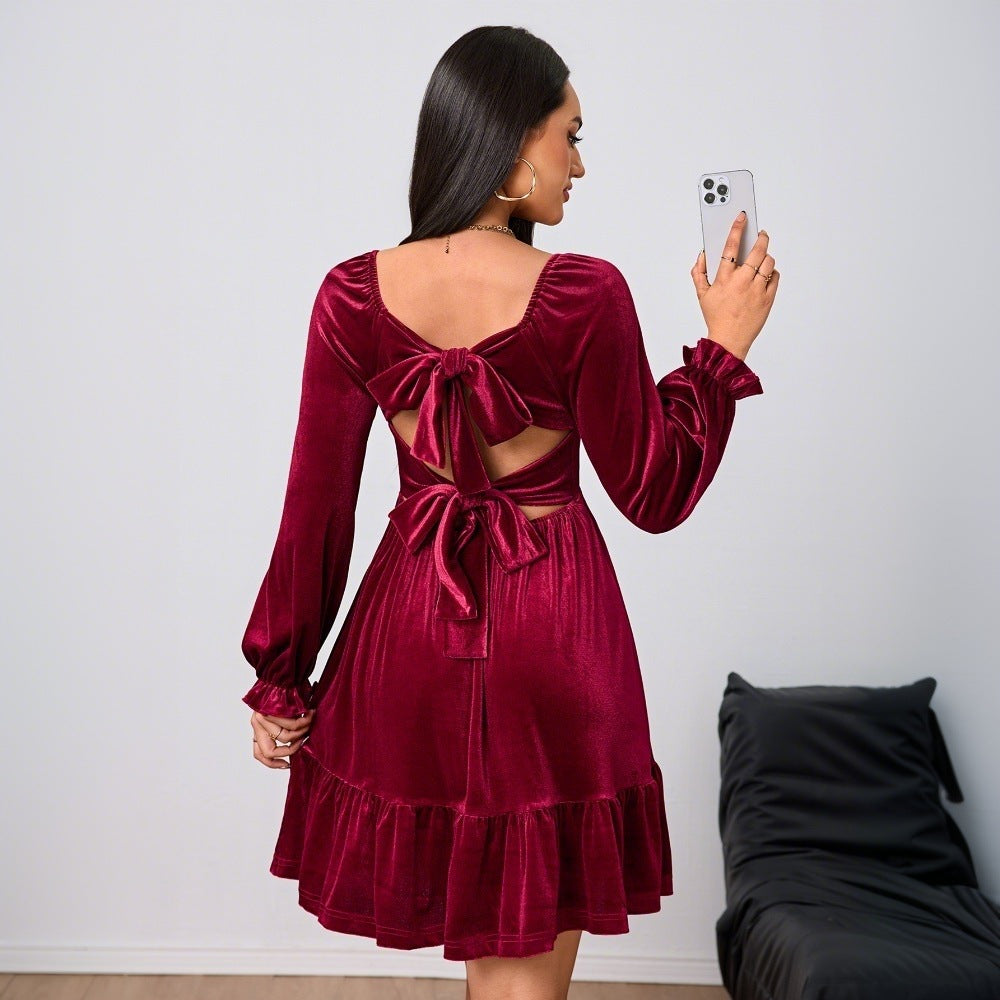 Damen Samt Minikleid mit Volant und geschmackvollen Puffärmeln Drune