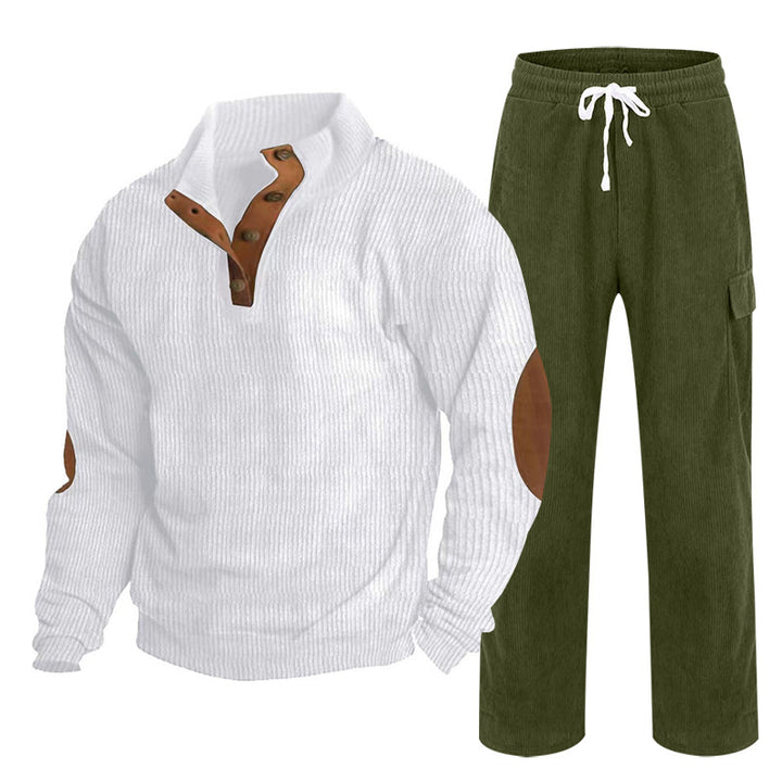 Herren nan Strick-Freizeitset mit Knopfleiste und Ellenbogenaufnähern sowie Cord-Cargohose Drune
