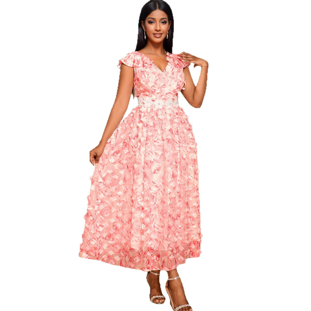 Damen Elegantes Maxikleid mit floralen Rüschen Drune