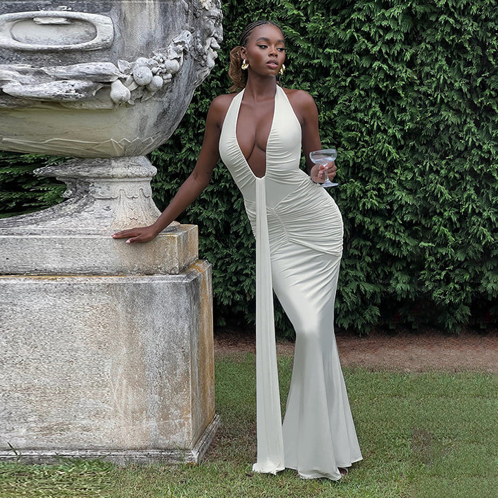 Damen Elegantes Maxikleid mit raffinierten Drapierungen und tiefem V-Ausschnitt Drune
