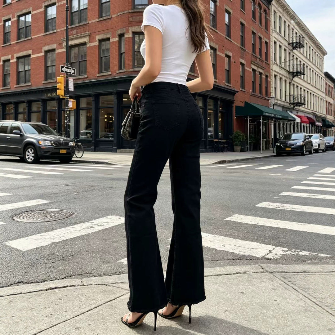 Damen nan hochgeschnittene Flared-Jeans mit taillierendem Bund, leichtem Stretch und rohem Saum Drune