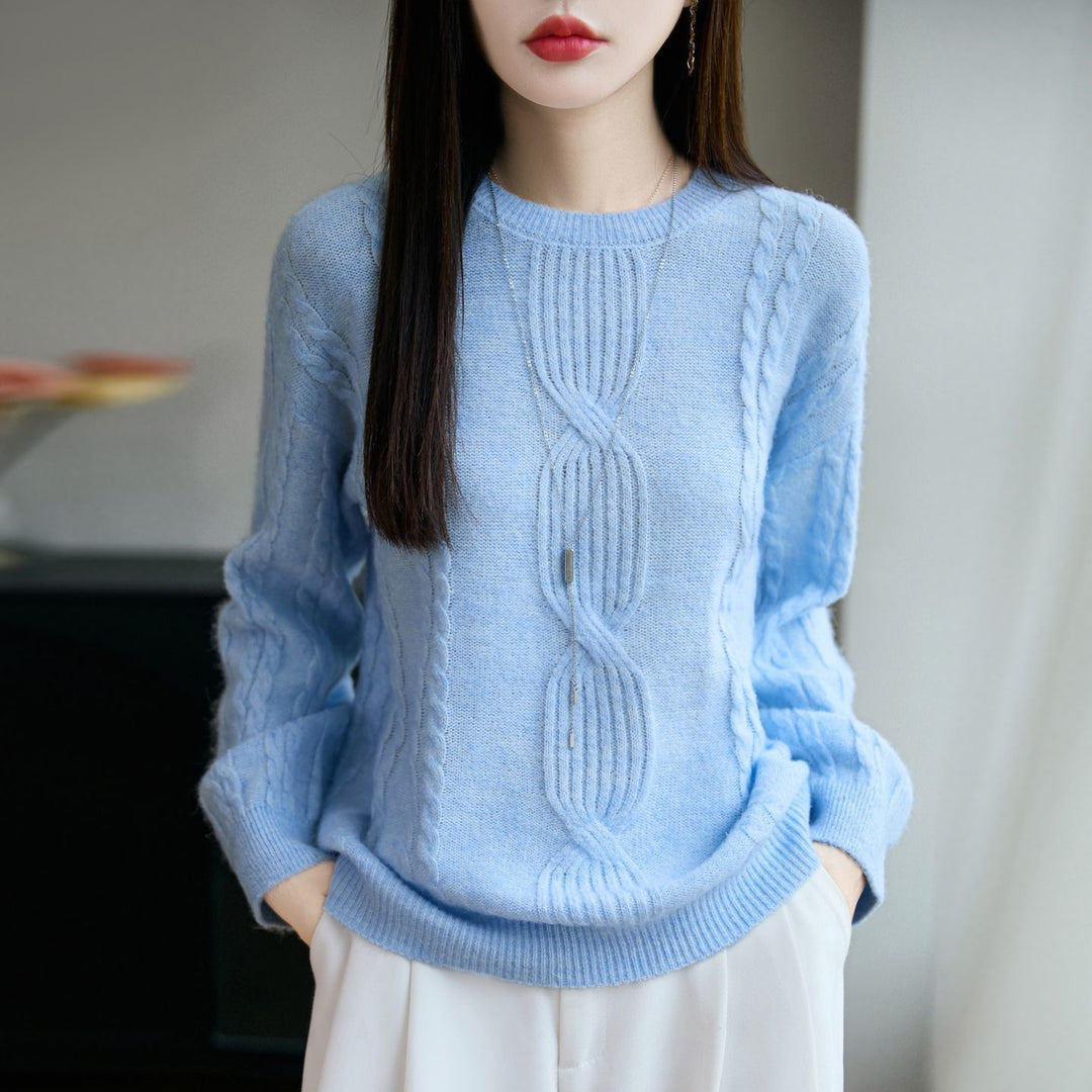 Damen Strickpullover mit einzigartigem Zopfmuster und Rundhalsausschnitt Drune