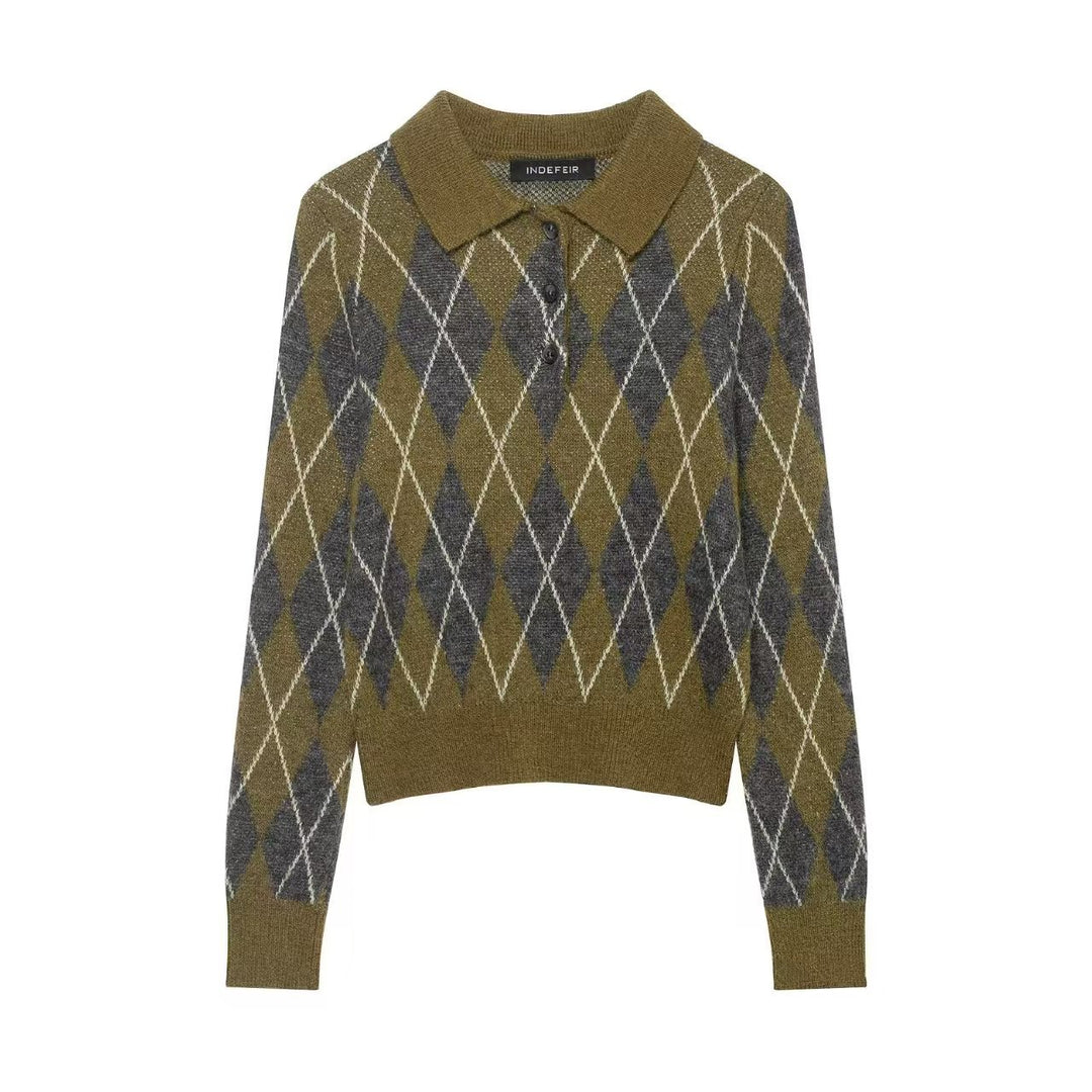 Damen nan Argyle-Polo-Strickpullover mit Cropped-Schnitt, Rippbündchen und Knopfleiste Drune