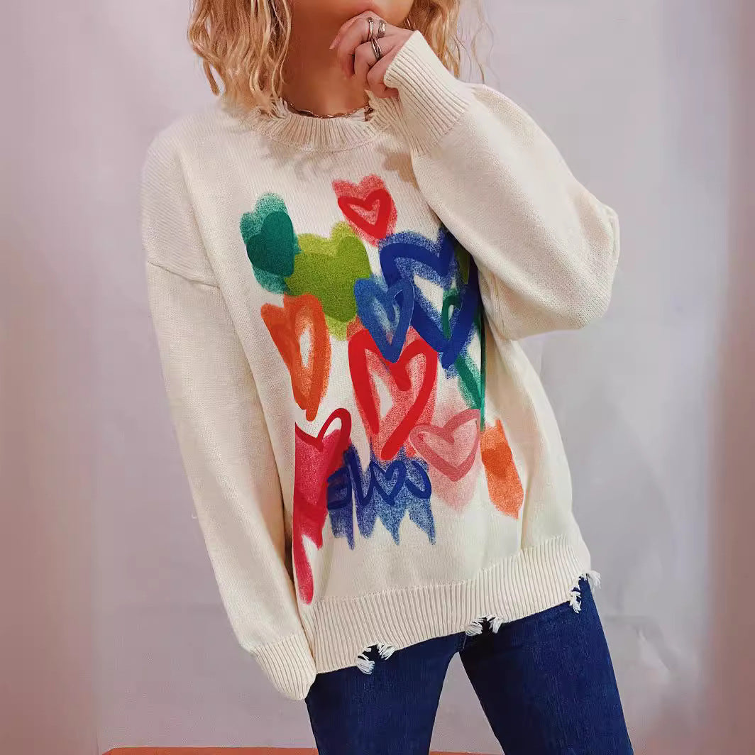Damen kuscheliger Pullover mit buntem Herzdesign Drune