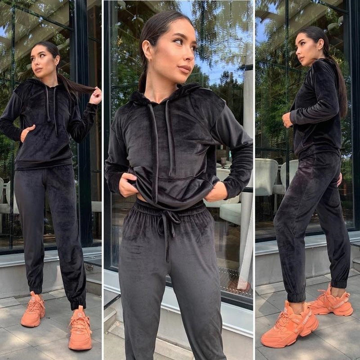 Damen Sportliches Velours-Lounge-Set mit Kapuze und bequemem Gummibund Drune