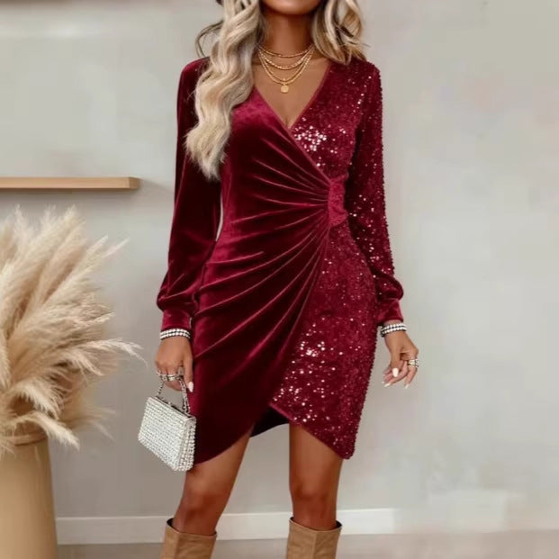 Damen Glamouröses Wickelkleid mit Pailletten und schimmernden Details Drune