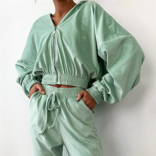 Damen Sportlicher Velours-Jogginganzug mit Kapuze und verarbeitetem Kordelzug Drune